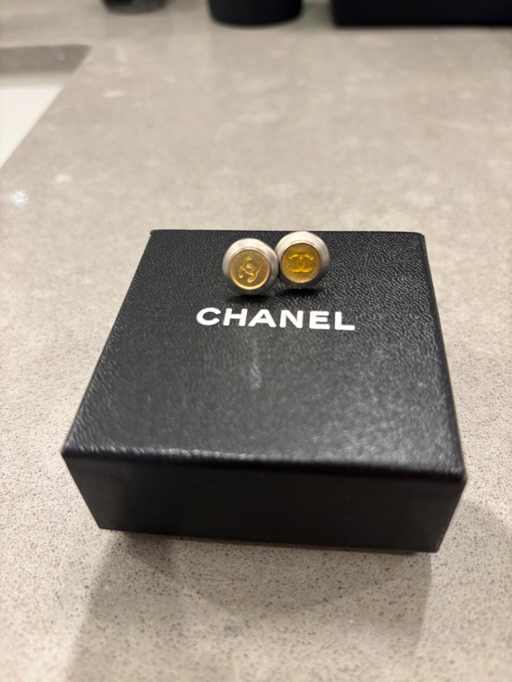 CHANEL authentic Gold & Silver CC Round Logo Earrings comes with COA